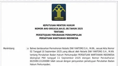 Organisasi PWI Kembali Terdaftar di Kementerian Hukum Pada Kamis 11 September 2025
